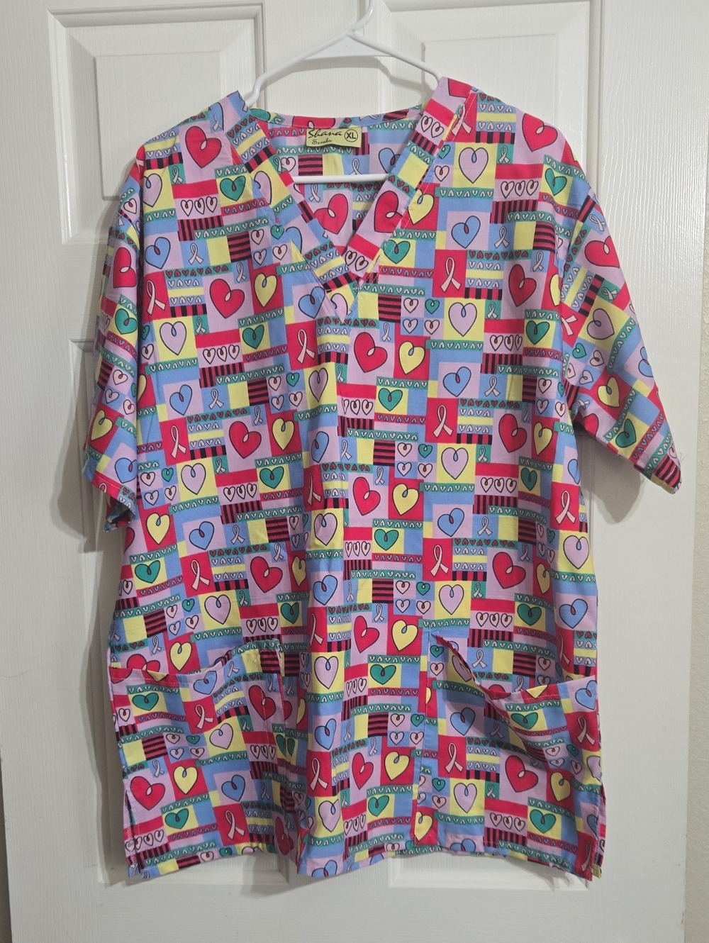 Bright Pink Multicolor Heart-Print Medical Scrub Top - Unbranded